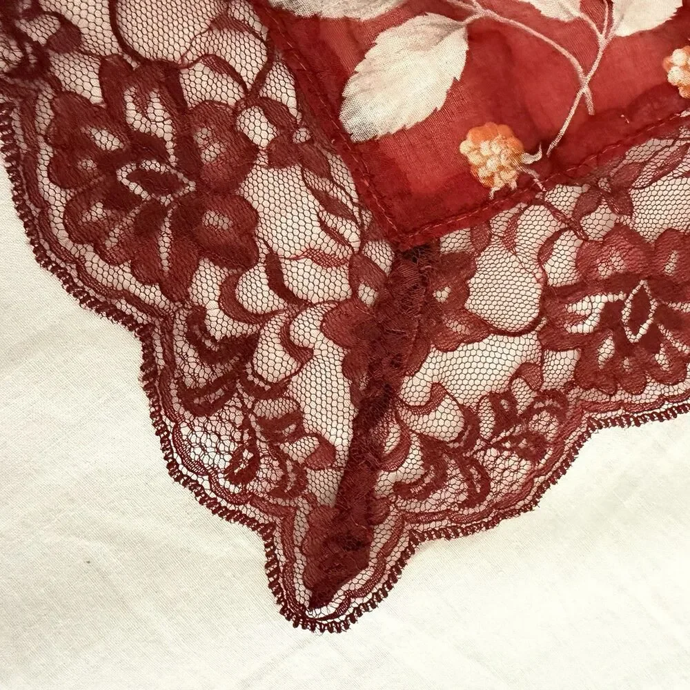 Pierre Balmain Paris Scarf Red Floral Lace Trim Cotton Nylon Vintage Japan Luxe